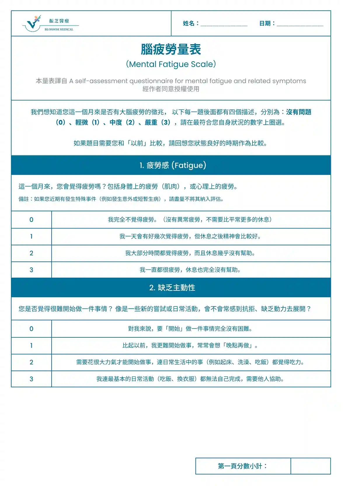 腦疲勞量表 (Mental Fatigue Scale) 自評問卷 指示： 本量表旨在自我評估心智疲勞及其相關症狀。請回答下列問題。 填寫說明： 我們想知道您這一個月來是否有腦疲勞的徵兆，以下每一題後面都有四個描述，分別為： • 沒有問題 (0) • 輕微 (1) • 中度 (2) • 嚴重 (3) 請在最符合您自身狀況的數字上圈選。 如果您題目需要您和「以前」比較，請回想您狀態良好的時期作為比較。 1. 疲勞感 (Fatigue) 問題： 這一個月來，您會覺得疲勞嗎？包括身體上的疲勞（肌肉），或心理上的疲勞。 (備註：如果您近期有發生特殊事件（例如發生意外或短暫生病），請盡量不將其納入評估。) • 0： 我完全不覺得疲勞。（沒有異常疲勞，不需要比平常更多的休息） • 1： 我一天會有好幾次覺得疲勞，但休息之後精神會比較好。 • 2： 我大部分時間都覺得疲勞，而且休息幾乎沒有幫助。 • 3： 我一直都很疲勞，休息也完全沒有幫助。 2. 缺乏主動性 問題： 您是否覺得很難開始做一件事情？像是一些新的嘗試或日常活動，會不會感到抗拒、缺乏動力去展開？ • 0： 對我來說，要「開始做」一件事情完全沒有困難。 • 1： 比起以前，我更難開始做事，常常會想「晚點再做」。 • 2： 需要花很大力氣才能開始做事，連日常生活中之事（例如起床、洗澡、吃飯）都覺得吃力。 • 3： 我連最基本的日常活動（吃飯、換衣服）都無法自己完成，需要他人協助。 (頁面底部標示： 第一頁分數小計：______)