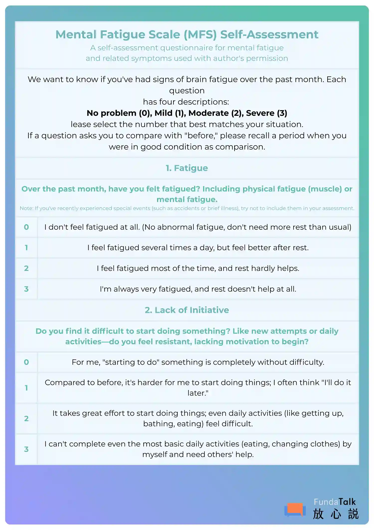 Mental Fatigue Scale (MFS) Self-Assessment Instructions: This questionnaire assesses signs of "brain fatigue" over the past month. For each item, compare your current state to a period when you were in good condition. General Rating Scale: • 0 (No problem): No change or normal function. • 1 (Mild): Slight change, manageable. • 2 (Moderate): Frequent issues affecting daily activities. • 3 (Severe): Constant or overwhelming issues; unable to function normally. Assessment Items 1. Fatigue (Overall) • Question: Have you felt fatigued (physical or mental) over the past month? • 0: Not fatigued at all. • 1: Fatigued several times a day, but feels better after rest. • 2: Fatigued most of the time; rest hardly helps. • 3: Always very fatigued; rest doesn't help at all. 2. Lack of Initiative • Question: Do you find it difficult to start activities or feel a lack of motivation? • 0: Starting tasks is completely without difficulty. • 1: Harder than before; often think "I'll do it later." • 2: Great effort required for even daily activities (bathing, eating). • 3: Cannot complete basic daily activities without help.